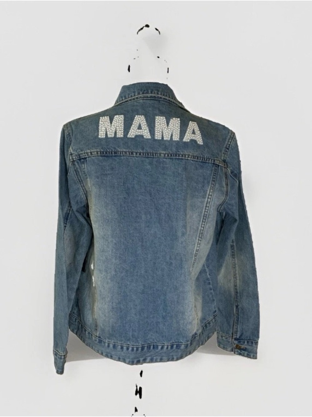 NWT Le La Lo 'MAMA' Blue Denim jean Jacket orig $195 Boutique Streetwear Mom2 Be